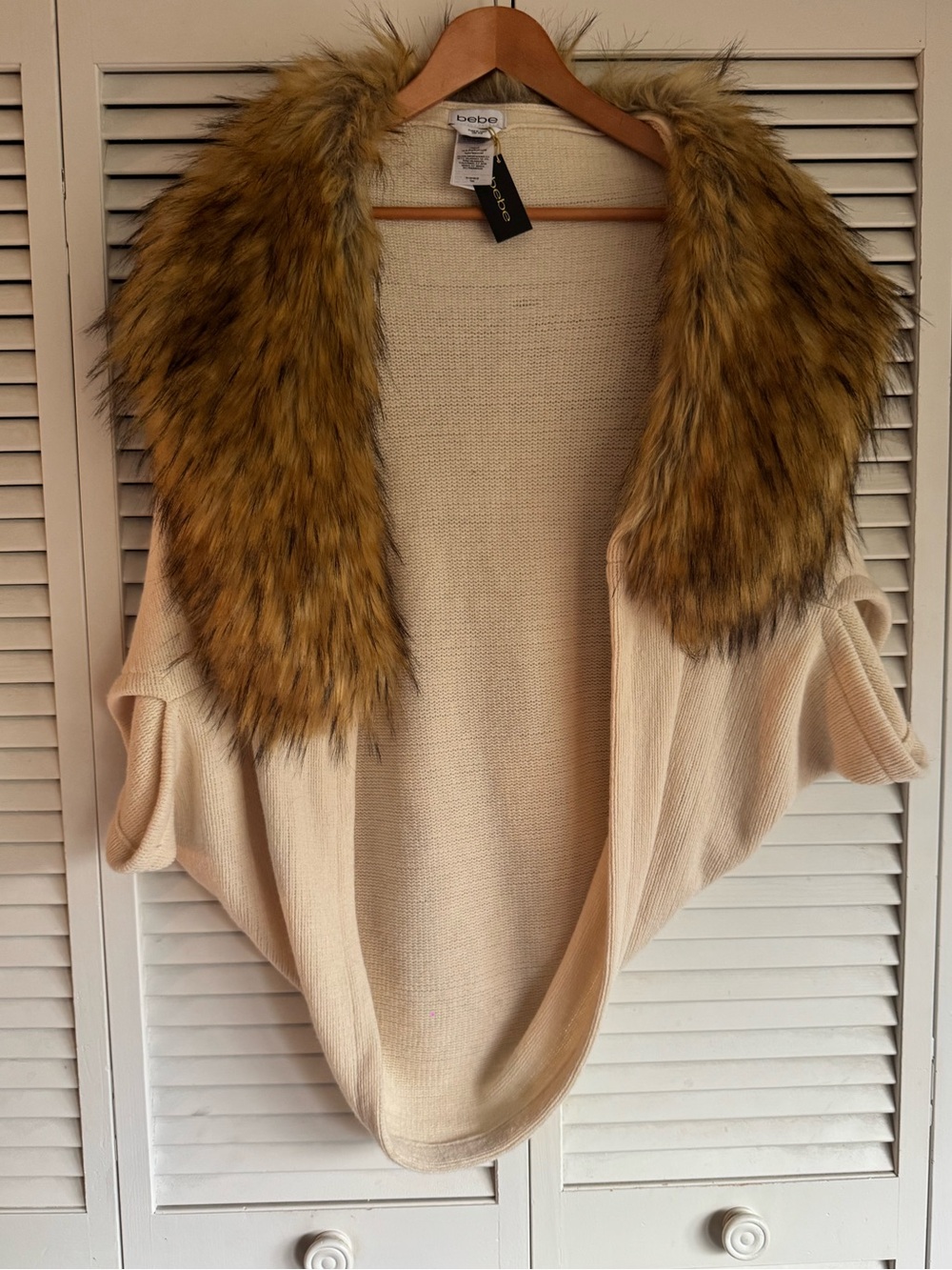 bebe Cream Knit Sweater with Faux Fur Collar